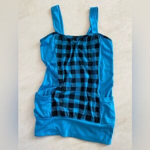 Say Anything - Blue and Black Checkered Floppy Tank Top w/ side pockets! Size S